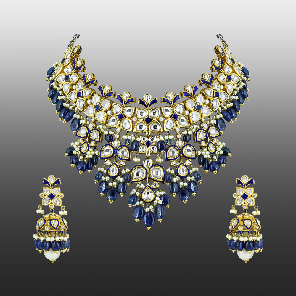 Polki Necklace Set with Blue Sapphire and Pearl Drops